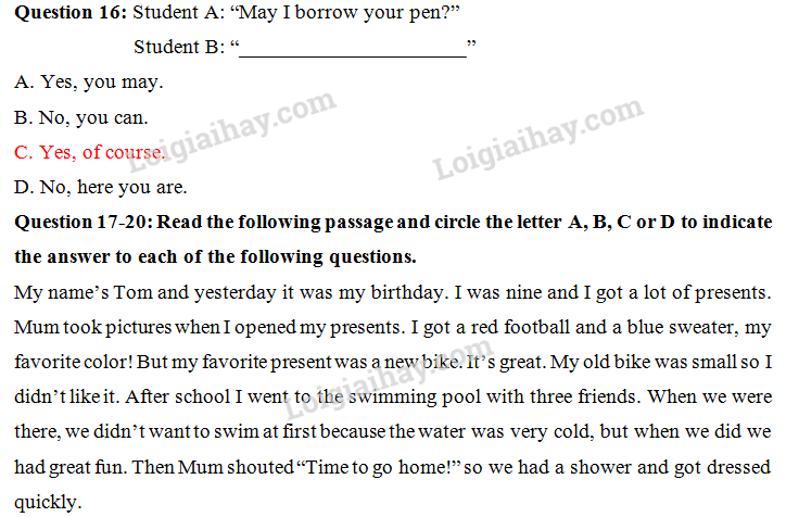 Đề thi vào lớp 6 môn Tiếng Anh trường Nguyễn Tất Thành năm 2018 1 7