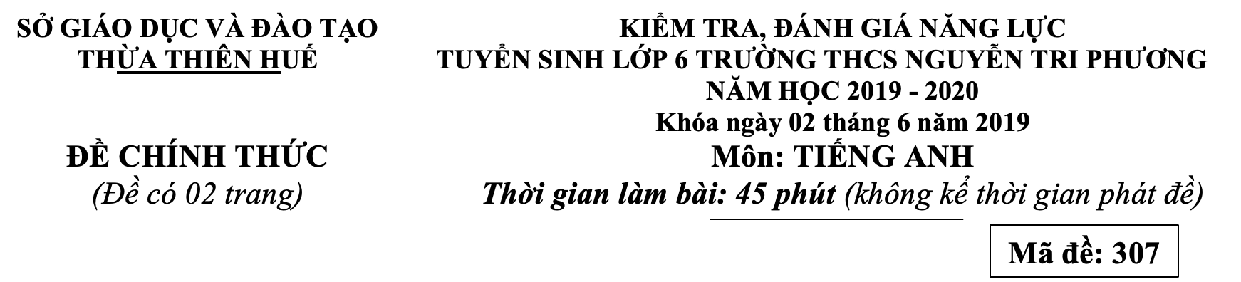 Đề thi vào lớp 6 môn Tiếng Anh trường Nguyễn Tri Phương năm 2019 0 1