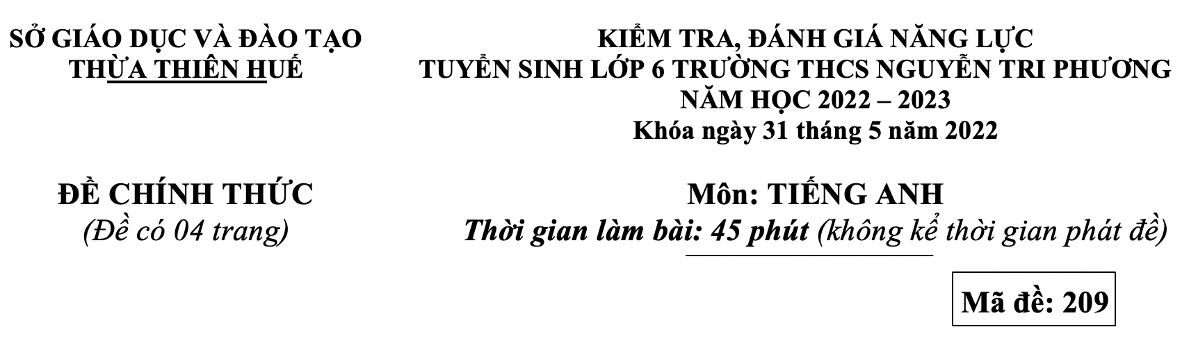 Đề thi vào lớp 6 môn Tiếng Anh trường Nguyễn Tri Phương năm 2022 0 1