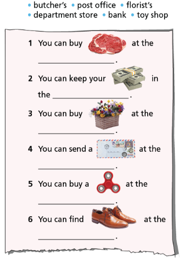 Vocabulary: Shop and services - Unit 5. Travel and Transportation - SBT Tiếng Anh 7 Right on! 0 1